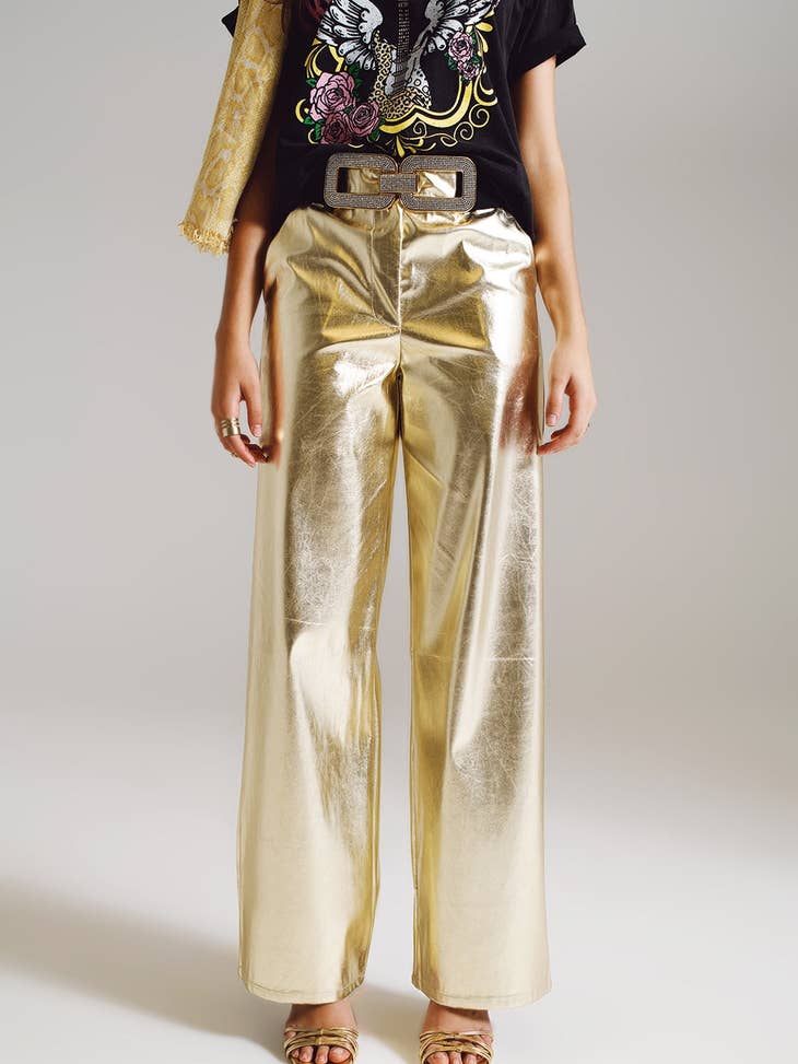 Metallic Straight Leg Pants - Gold