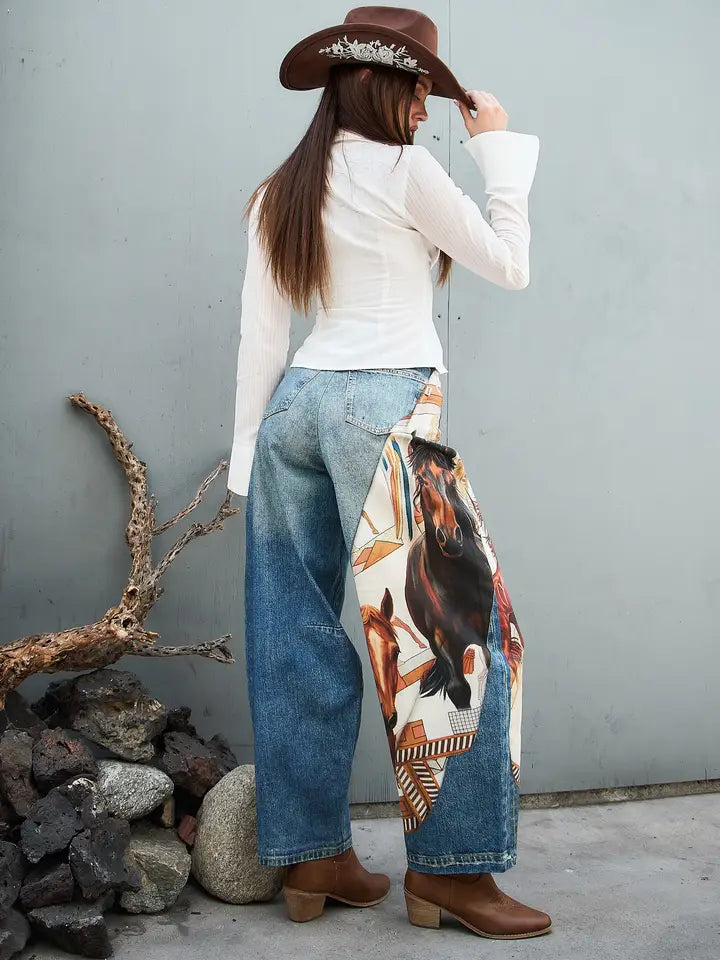 Horse Scarf Digital Print Baggy Jeans - Medium Stone