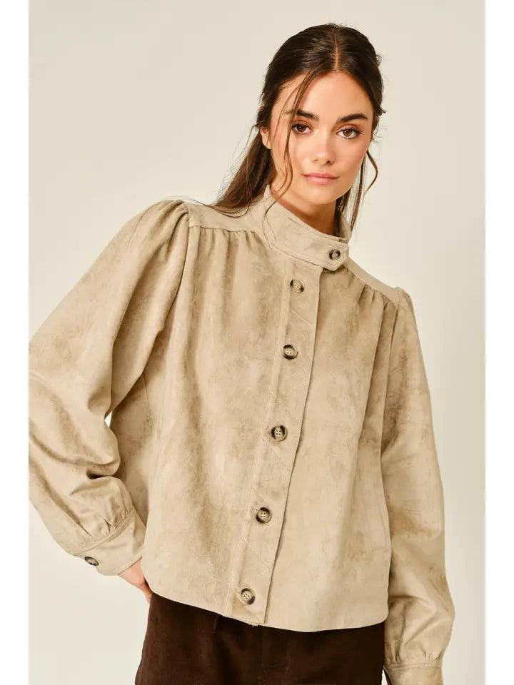 Stretch Suede Turtleneck Shirt Jacket - Tan