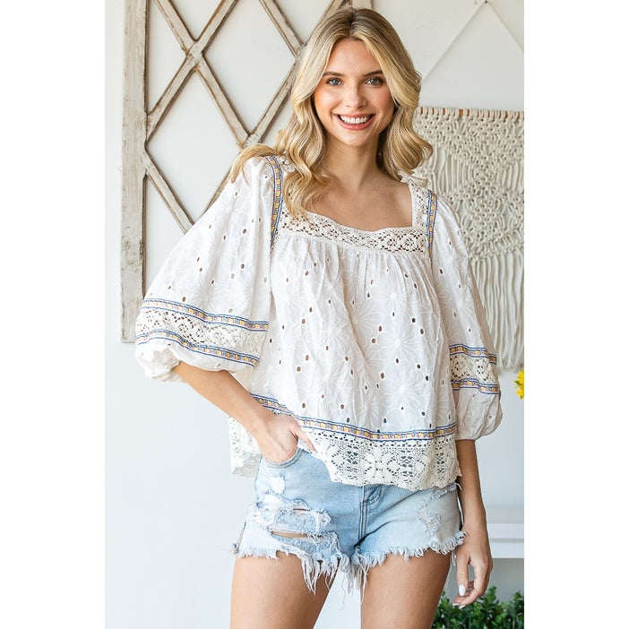 Washed Eyelet Laced Babydoll Top