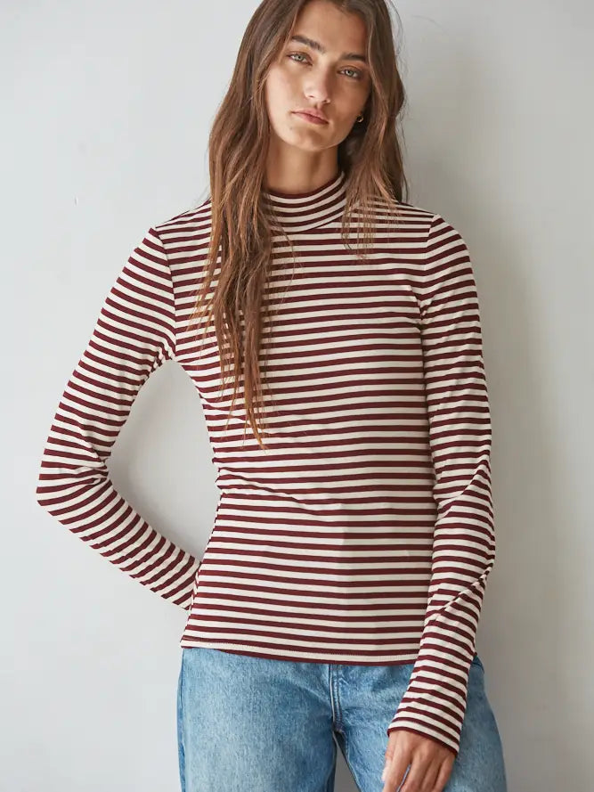 Mock Neck Striped Long Sleeve - Cream Wine