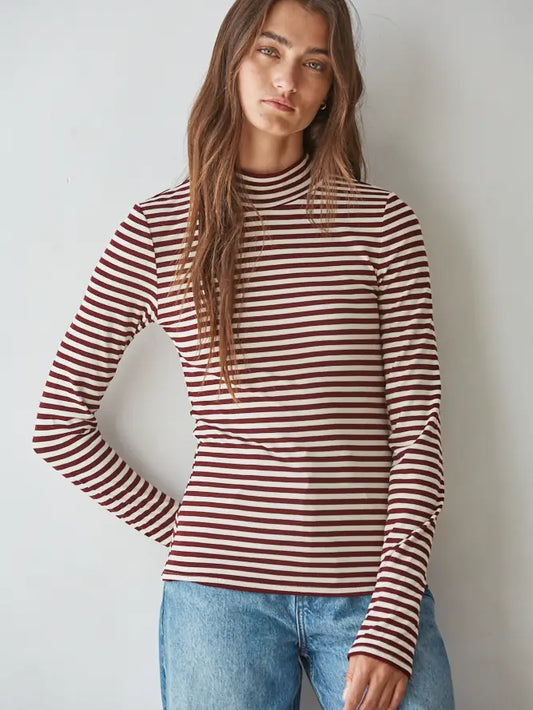 Mock Neck Striped Long Sleeve - Cream Wine