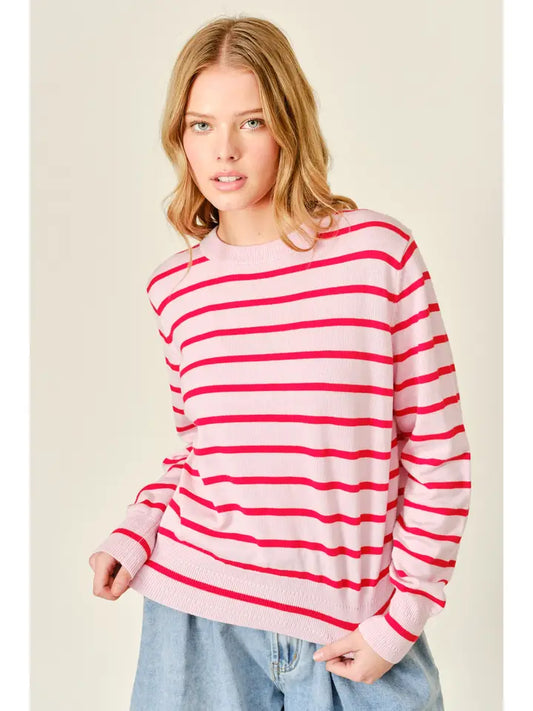 Thin Striped Pullover Sweater - Pink