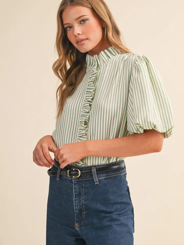 Striped Ruffle Button Down - Seafoam Green