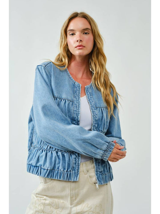 Ruched Bomber Jacket - Denim