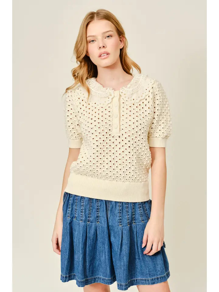 Lace Collar Crochet Top - Natural