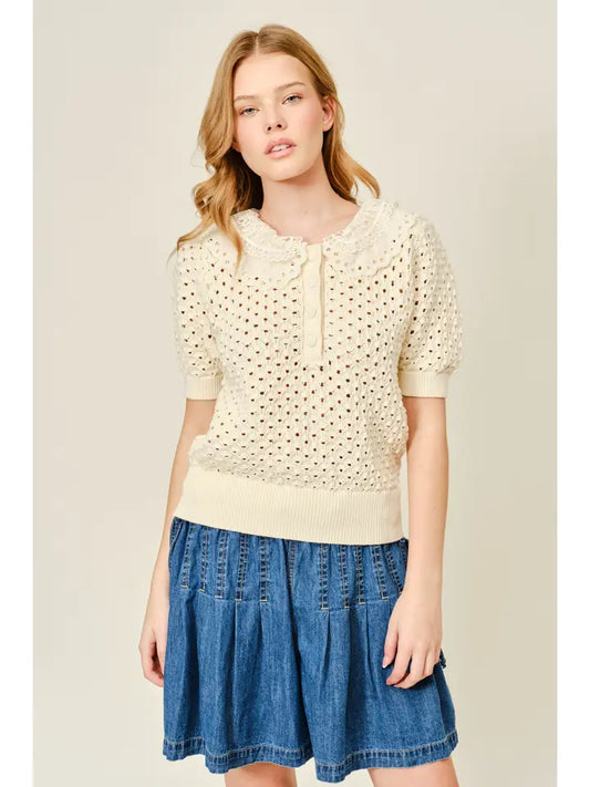 Lace Collar Crochet Top - Natural