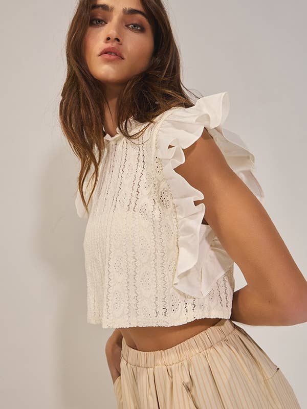 Lace Flounce-Sleeve Crop Top - Cream