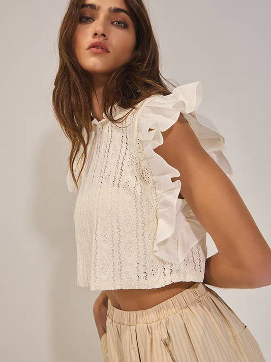 Lace Flounce-Sleeve Crop Top - Cream