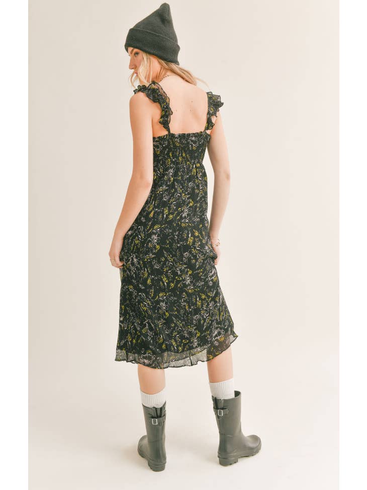 Moonflower Ruffled Midi Dress - Black Multi