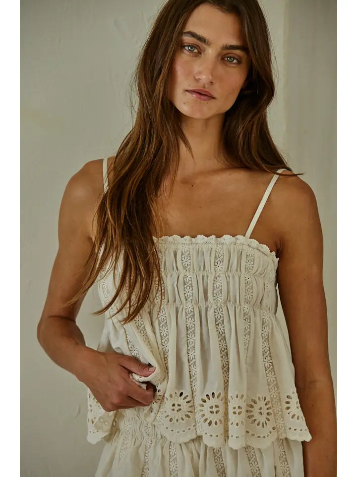 Eyelet Spaghetti Strap Top - Natural