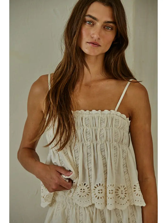 Eyelet Spaghetti Strap Top - Natural