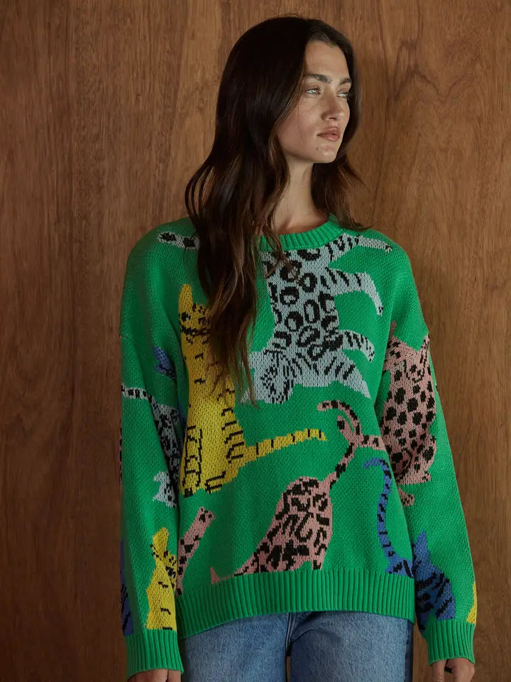 Animal Jacquard Pullover - Green Multi