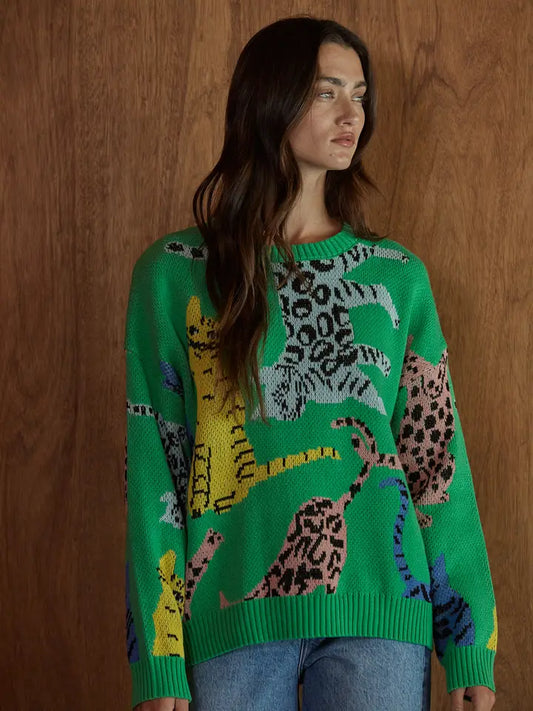 Animal Jacquard Pullover - Green Multi