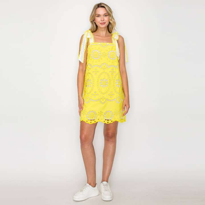 Embroidered Eyelet Mini Dress - Lemon Yellow