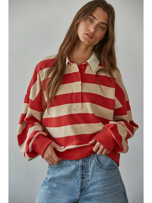 Rugby Stripe Pullover - Taupe Red