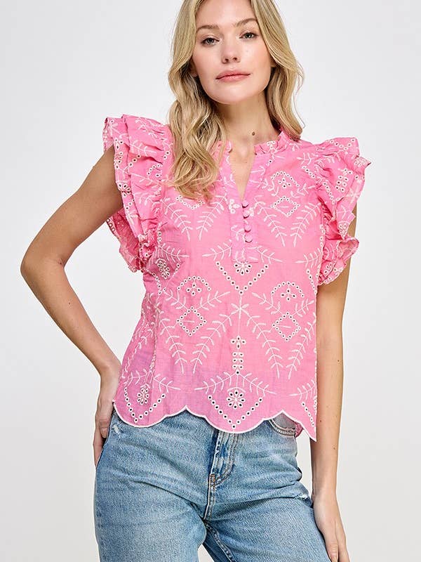 Eyelet Frill Top - Pink