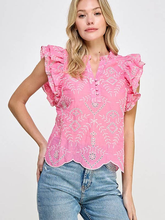 Eyelet Frill Top - Pink