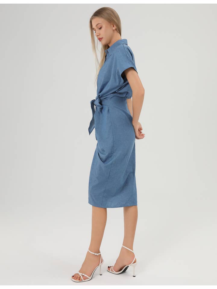 Waist Tie Midi Dress - Blue