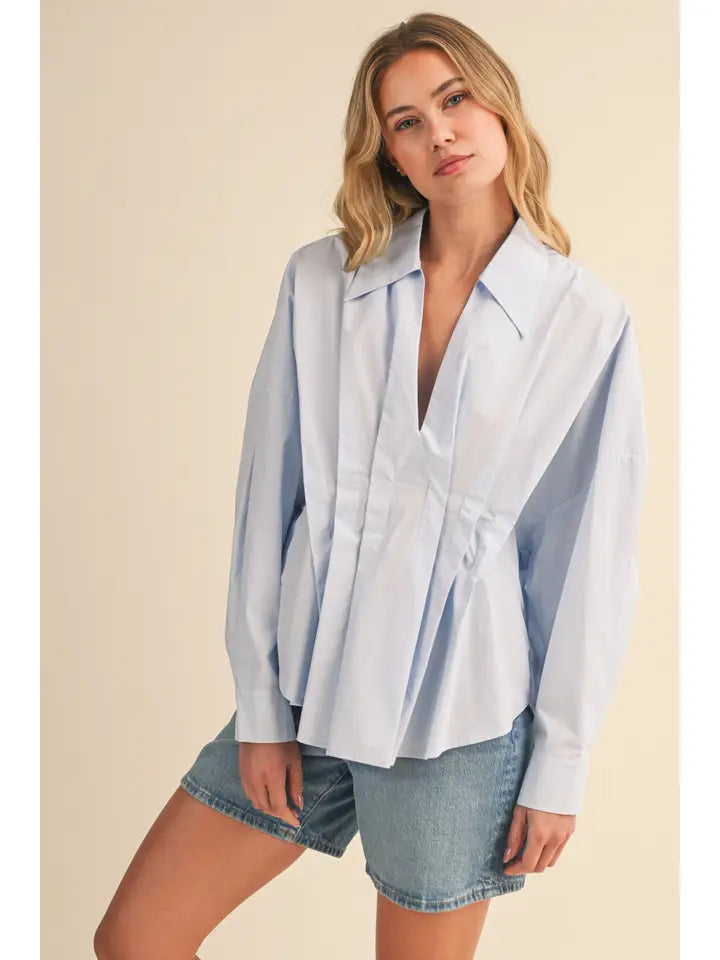 Pleated Detail Collared Shirt - Blue
