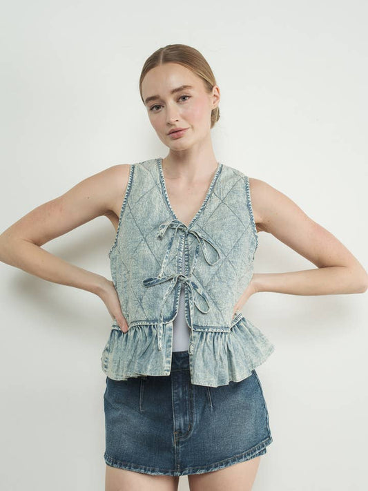Ruffle Bottom Denim Vest - Medium Wash
