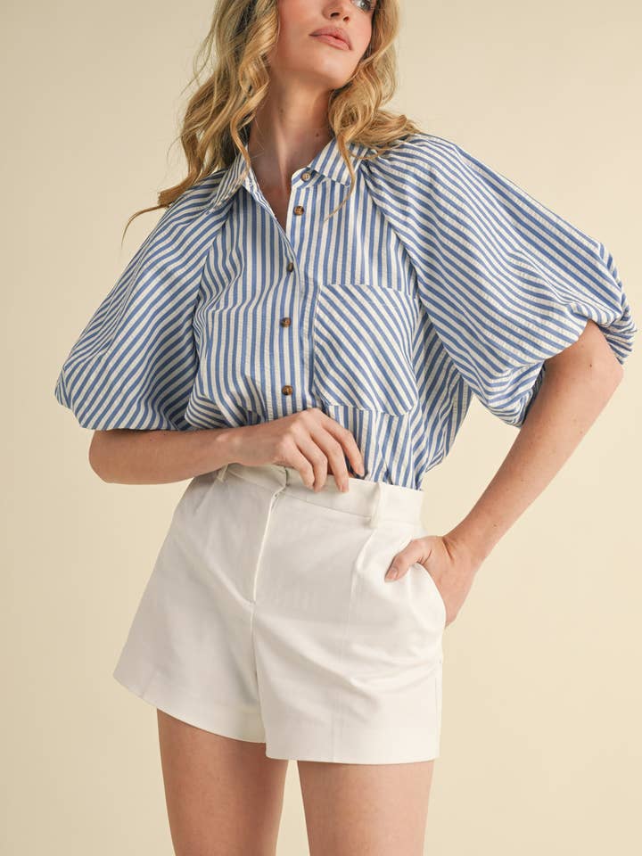 Striped Bubble Sleeve Button Down - Blue