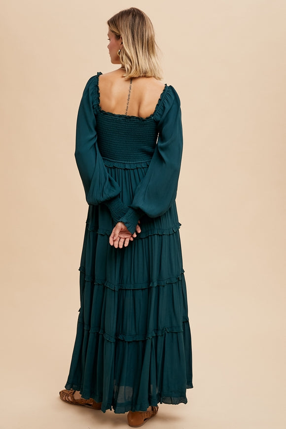 Smocked Square Neck Maxi Dress - Evergreen