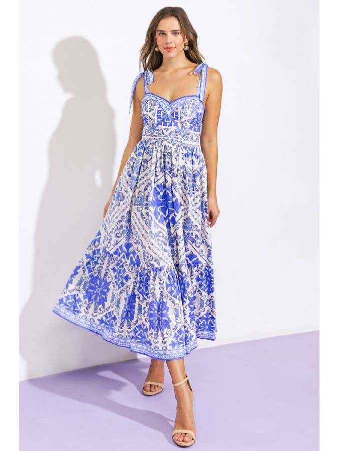 Printed Woven Midi Dress - Ivory Blue