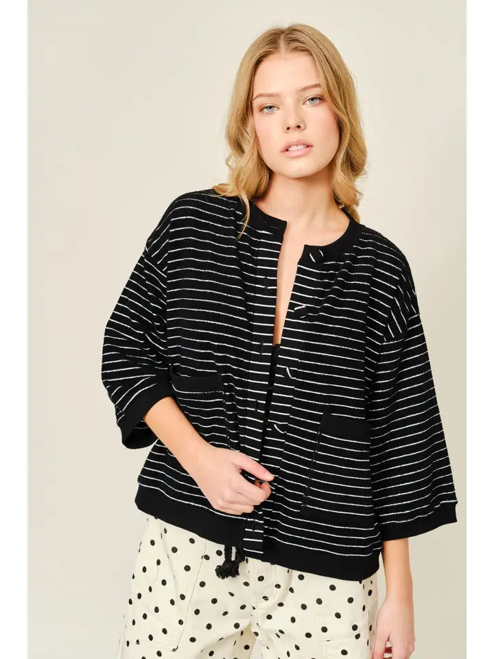 Striped Terry Cardigan - Black