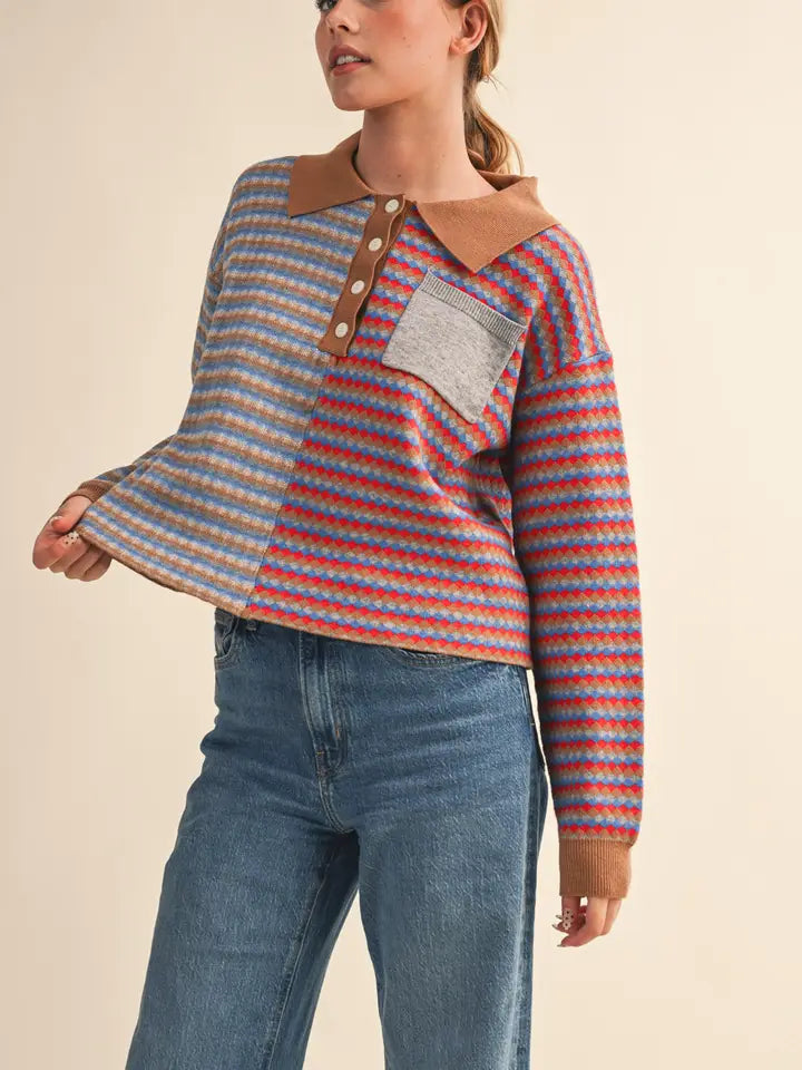 Stripe Collared Sweater - Camel Red Multi