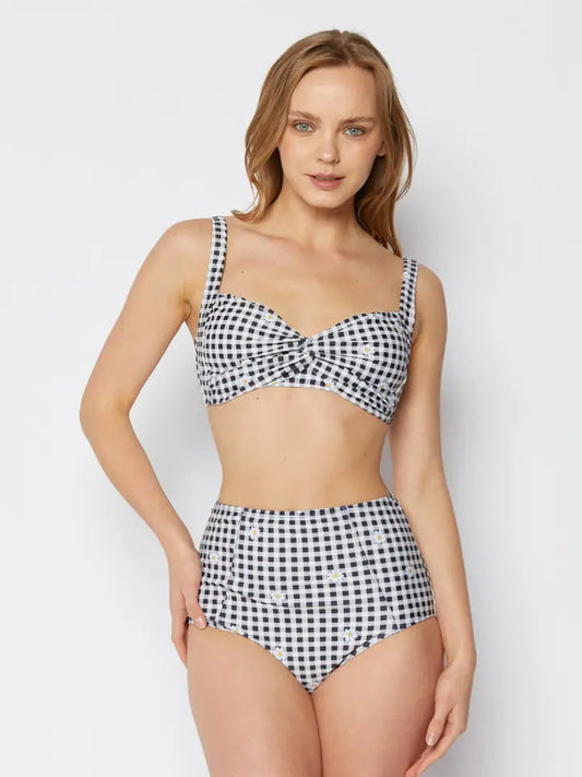 High Waisted Crossed Swimsuit - Gingham Daisy Black