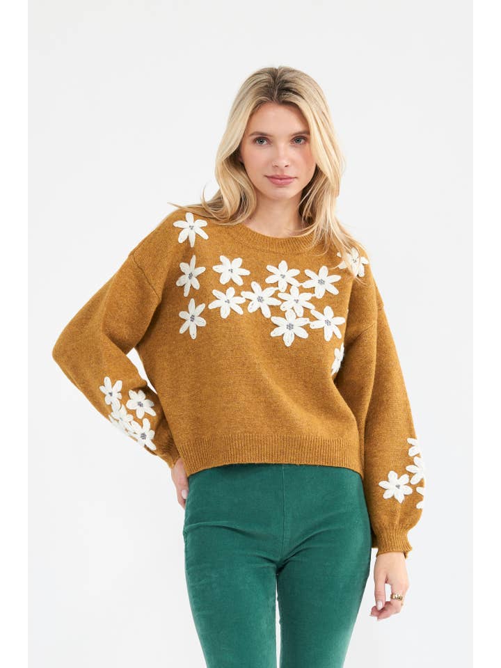 Floral Appliqué Knit Sweater - Rust