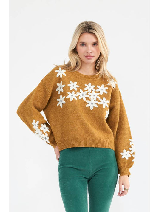 Floral Appliqué Knit Sweater - Rust