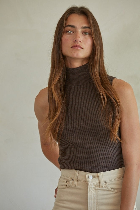 Knit Turtleneck Sleeveless Pullover Top - Dark Chocolate