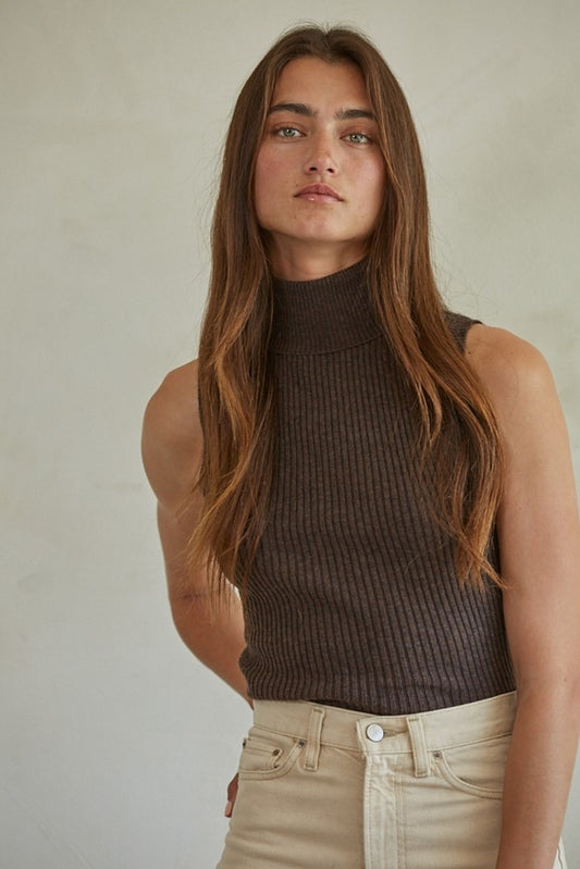 Knit Turtleneck Sleeveless Pullover Top - Dark Chocolate