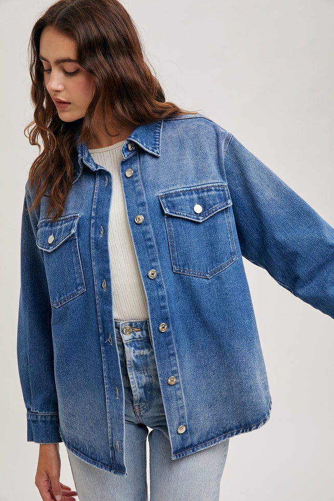 Washed Denim Shirt Jacket - Medium Wash