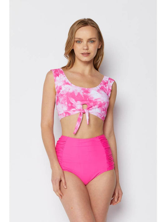 Tie Front Sporty Swimsuit - Magenta Tie Dye