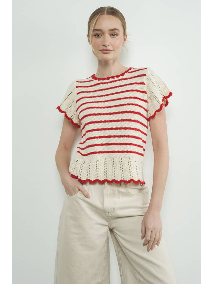 Striped Crochet Sweater - Natural/Red