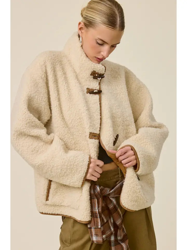 Oversized Sherpa Toggle Button Jacket - Cream