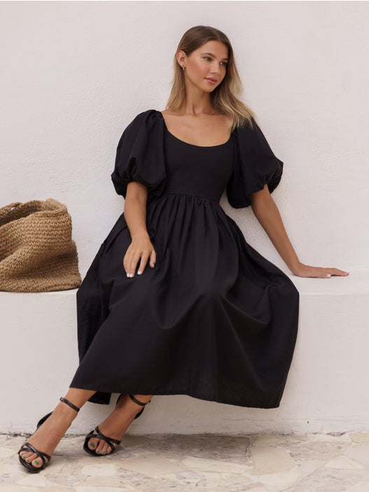 Cherie Puff Sleeve Midi Dress - Black
