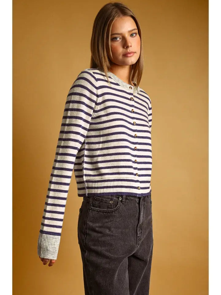 Striped Button Front Cardigan - Olive/Oat/Grey