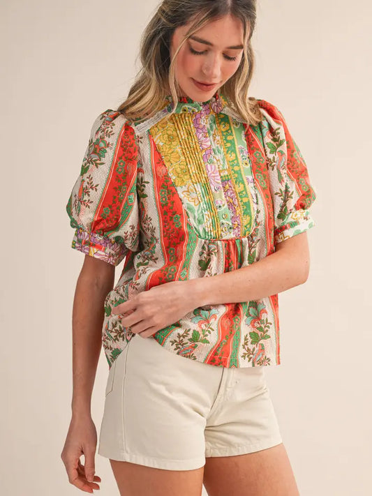 Border Print Pin Tuck Bib Top - Orange Green Multi