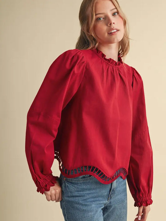 Embroidered Cut-Out Hem Long Sleeve Top - Deep Cranberry