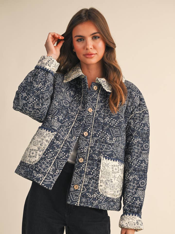 Quilted Bandana Print Jacket - Navy
