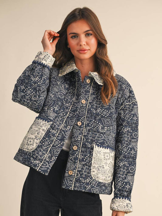 Quilted Bandana Print Jacket - Navy