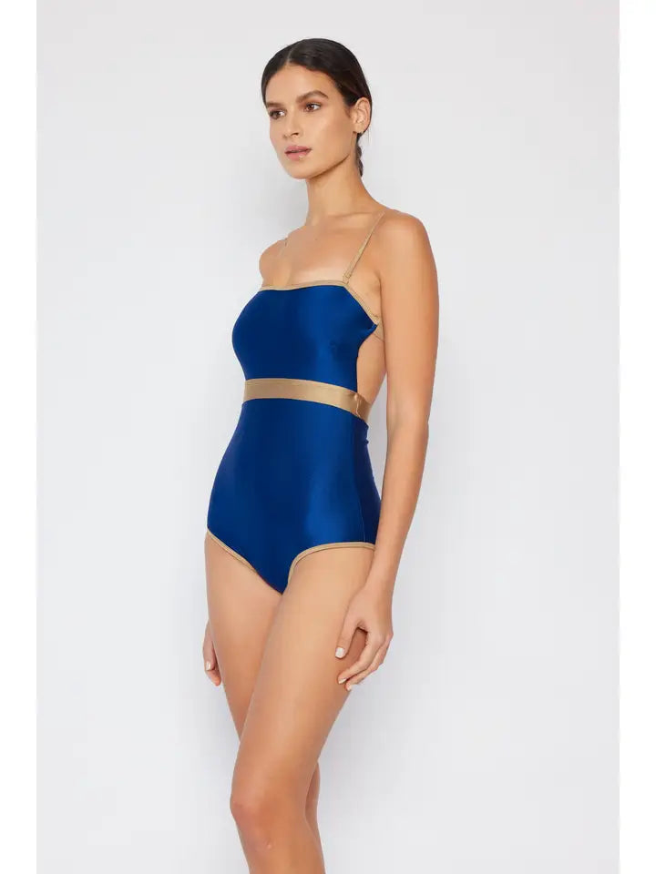 Contrast Banding Swimsuit - Shine Navy