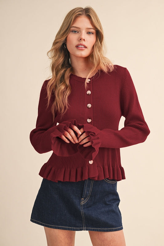 Ruffle Hem Ribbed Cardigan - Burgundy