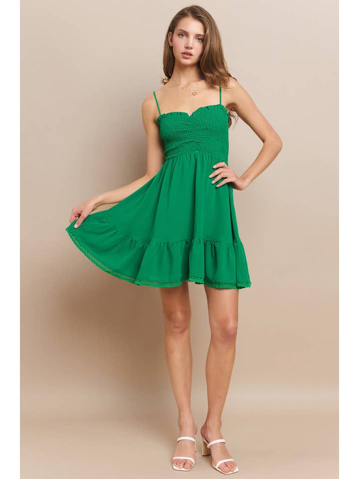 Smocked Babydoll Mini Dress - Kelly Green