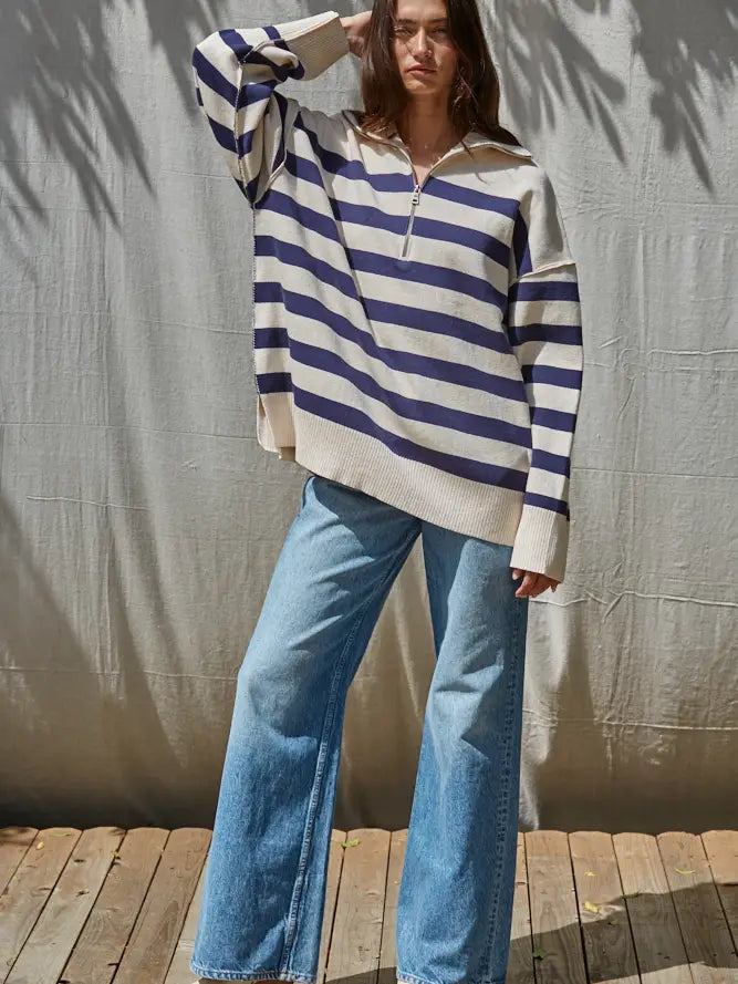 Striped Quarter Zip Sweater - Natural Navy