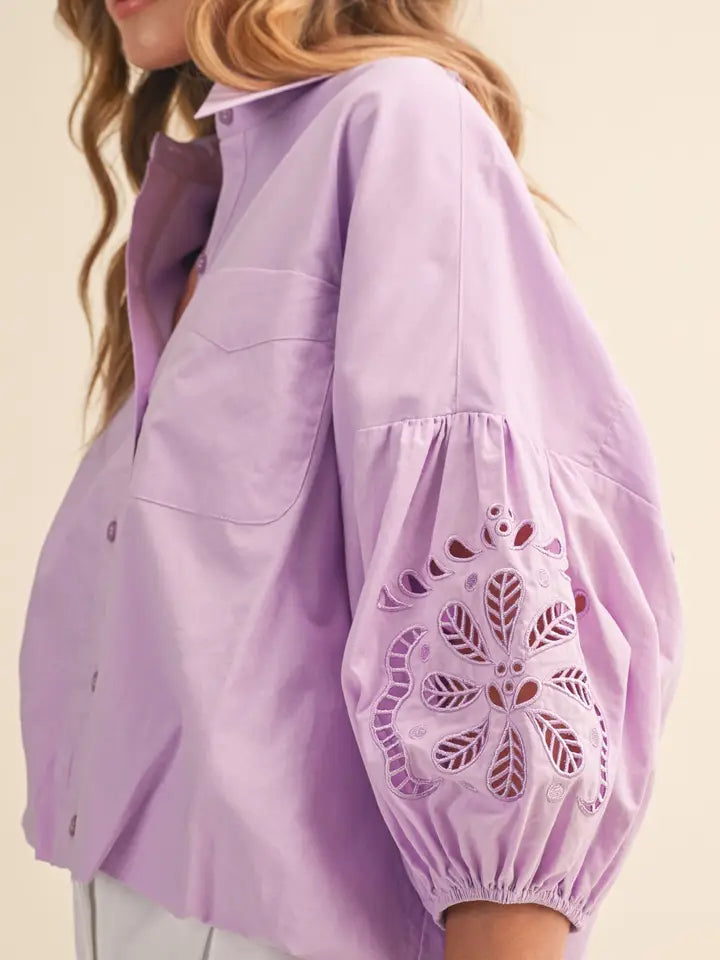 Embroidered Bubble Sleeve Button Down - Sweet Lilac